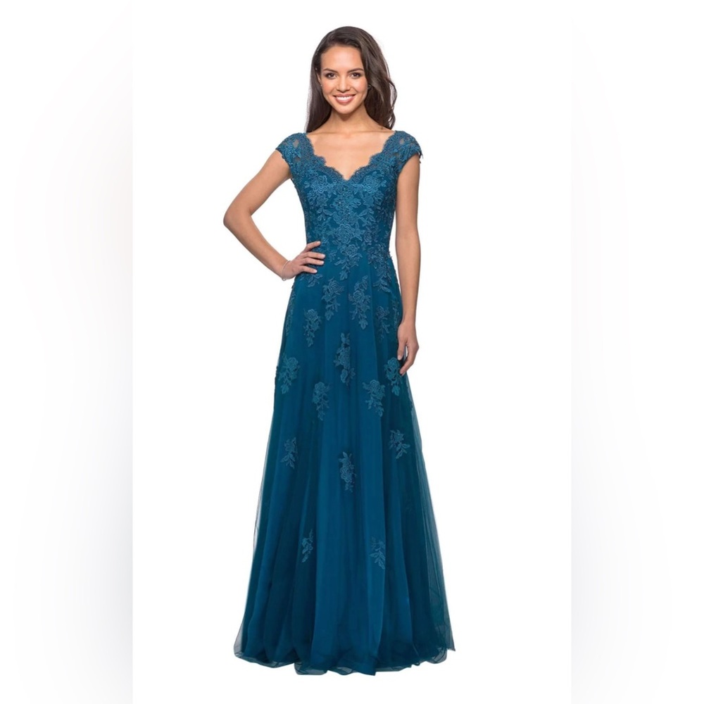 La Femme Short Sleeve Lace Gown with Cascading Embellishments